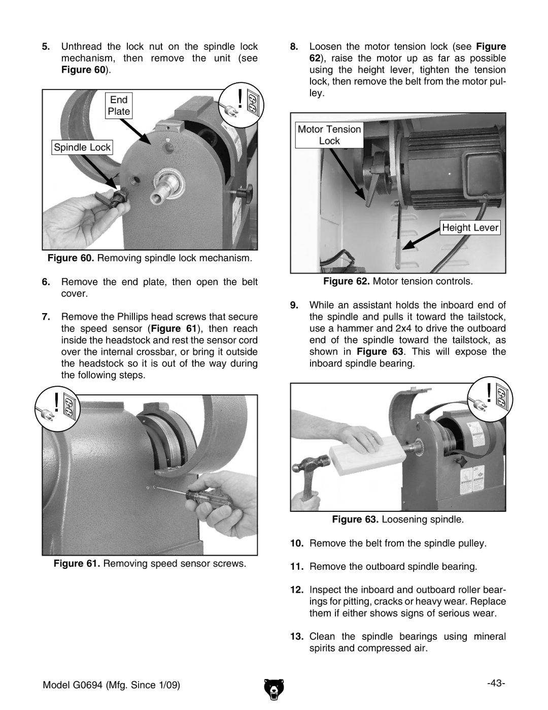 Grizzly owner manual Removing speed sensor screws Model G0694 Mfg. Since 1/09 