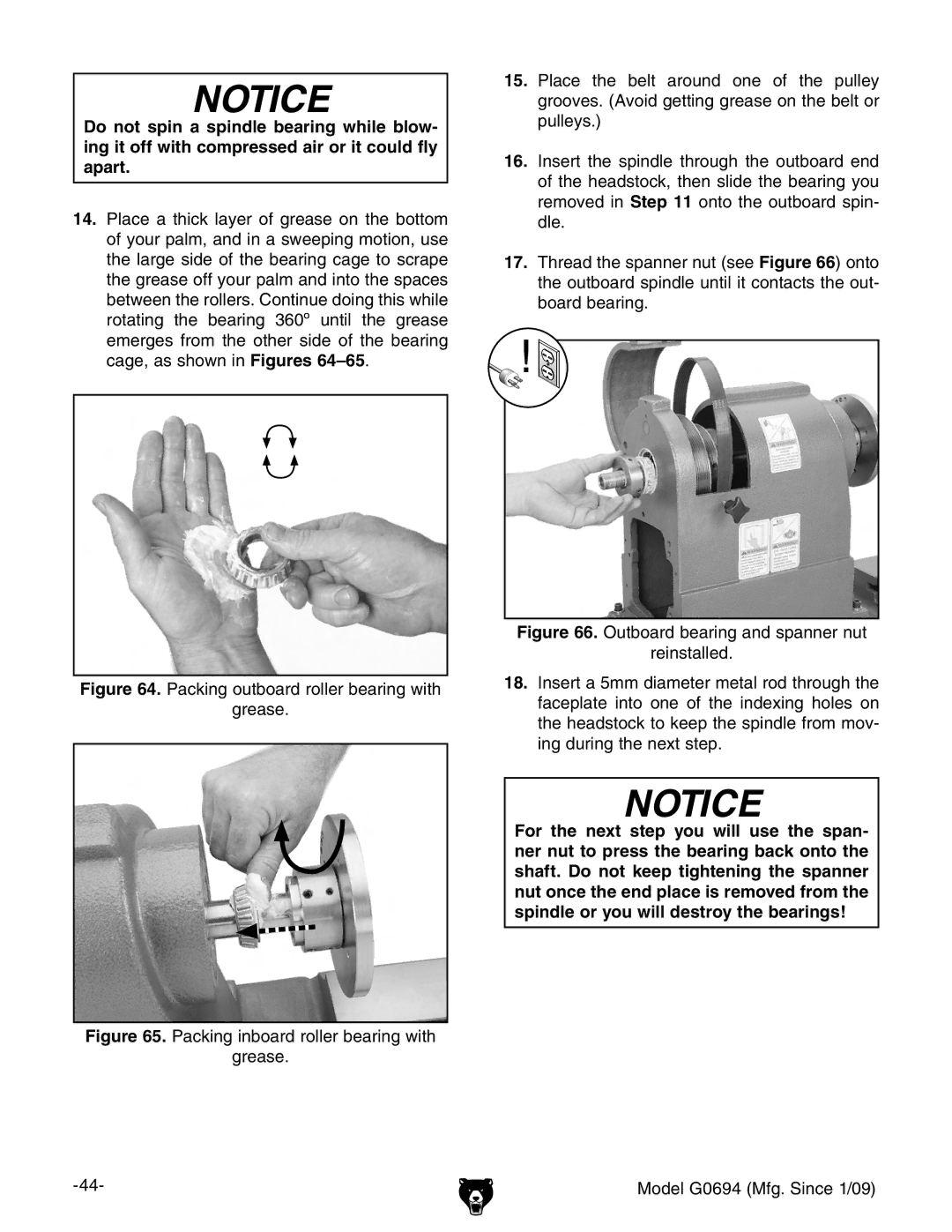 Grizzly G0694 owner manual Packing outboard roller bearing with Grease 