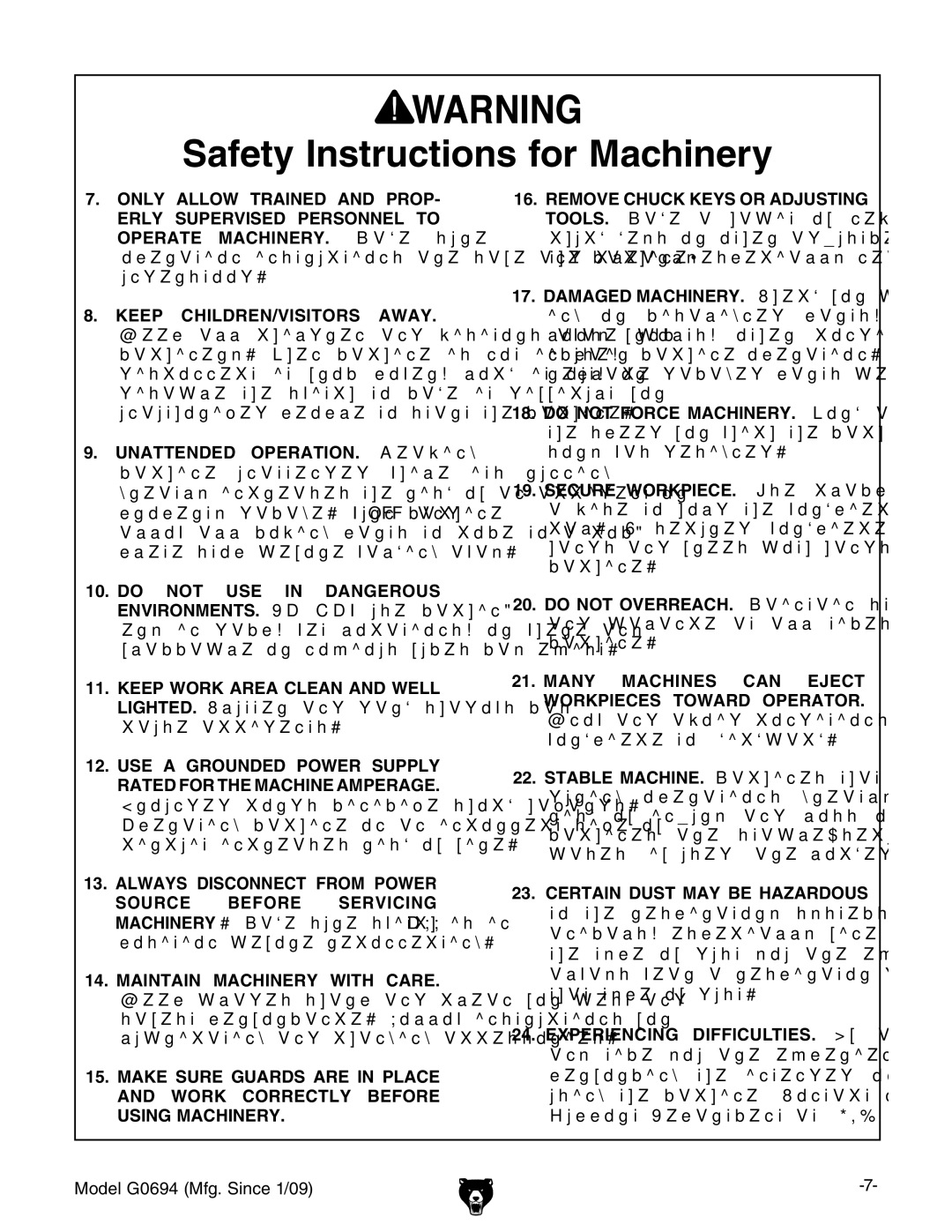 Grizzly G0694 owner manual Keep CHILDREN/VISITORS Away 