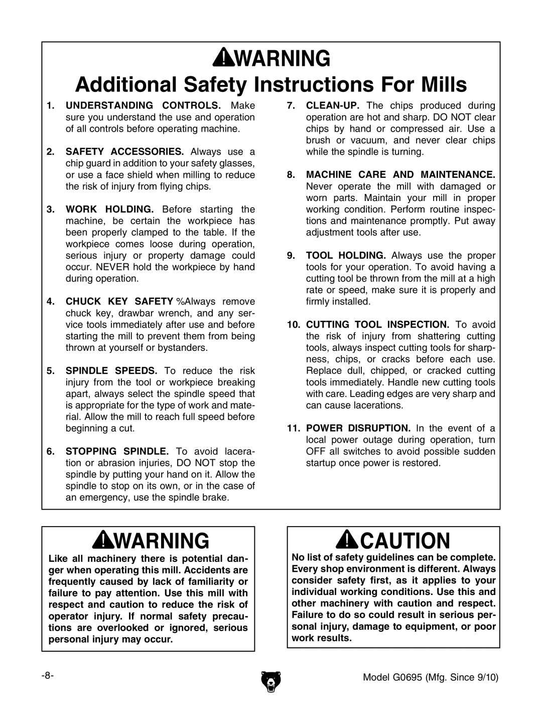 Grizzly G0695 owner manual Additional Safety Instructions For Mills, Machine Care and Maintenance 