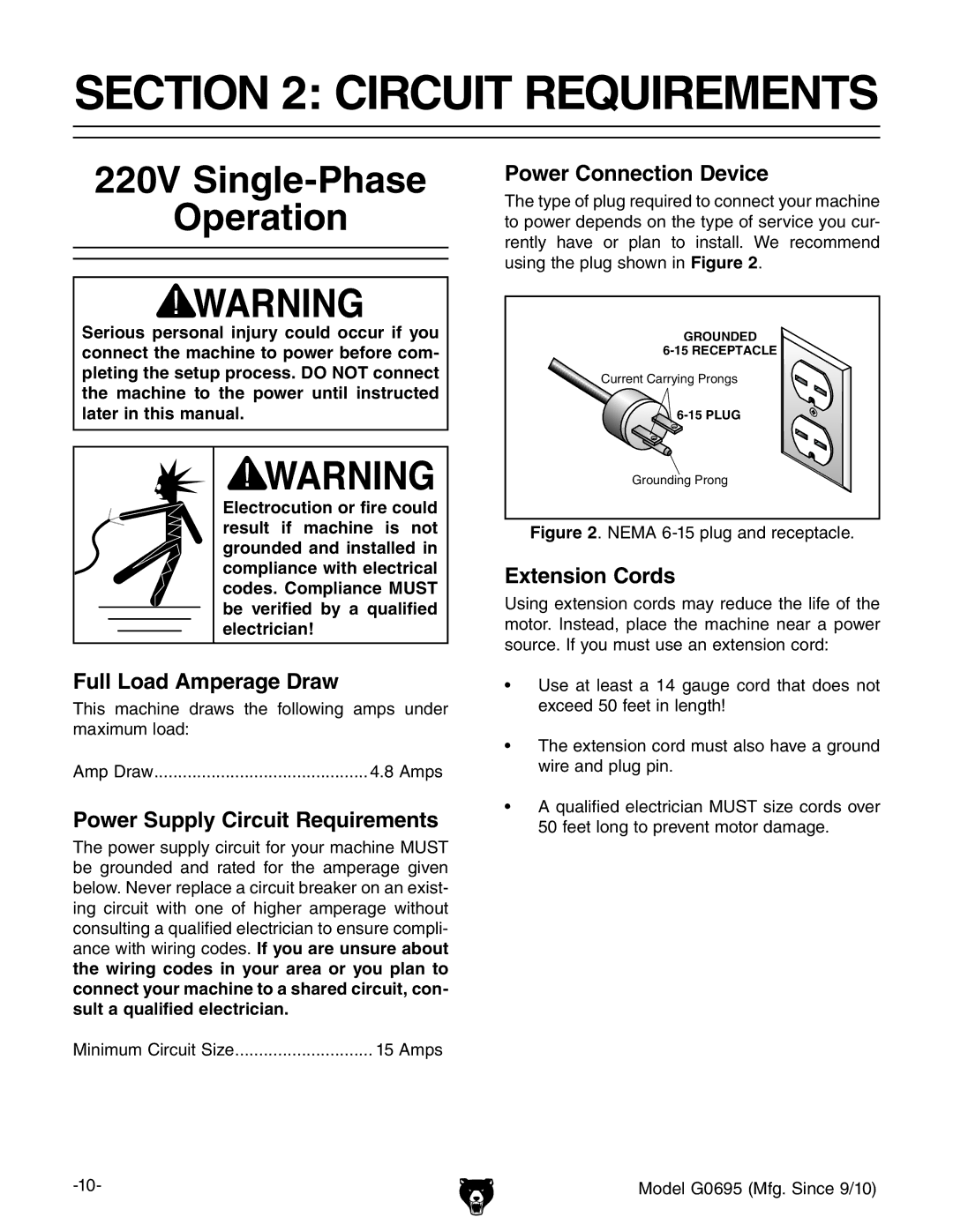 Grizzly G0695 owner manual Circuit Requirements, 220V Single-Phase Operation 