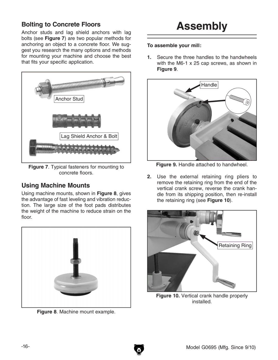 Grizzly G0695 owner manual Assembly, Bolting to Concrete Floors, Using Machine Mounts, To assemble your mill 