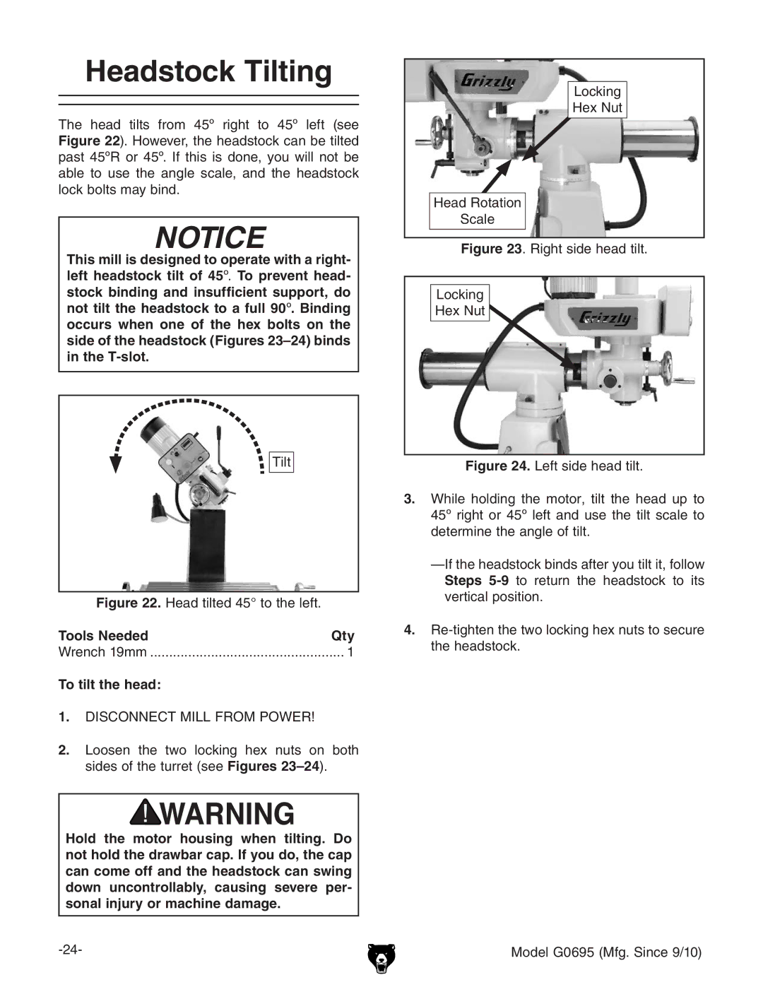 Grizzly G0695 owner manual Headstock Tilting, Tools Needed Qty, To tilt the head 