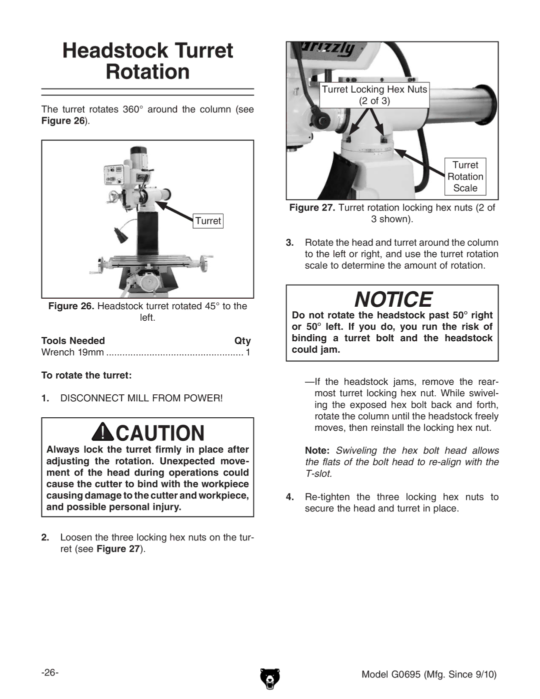 Grizzly G0695 owner manual Headstock Turret Rotation, To rotate the turret 