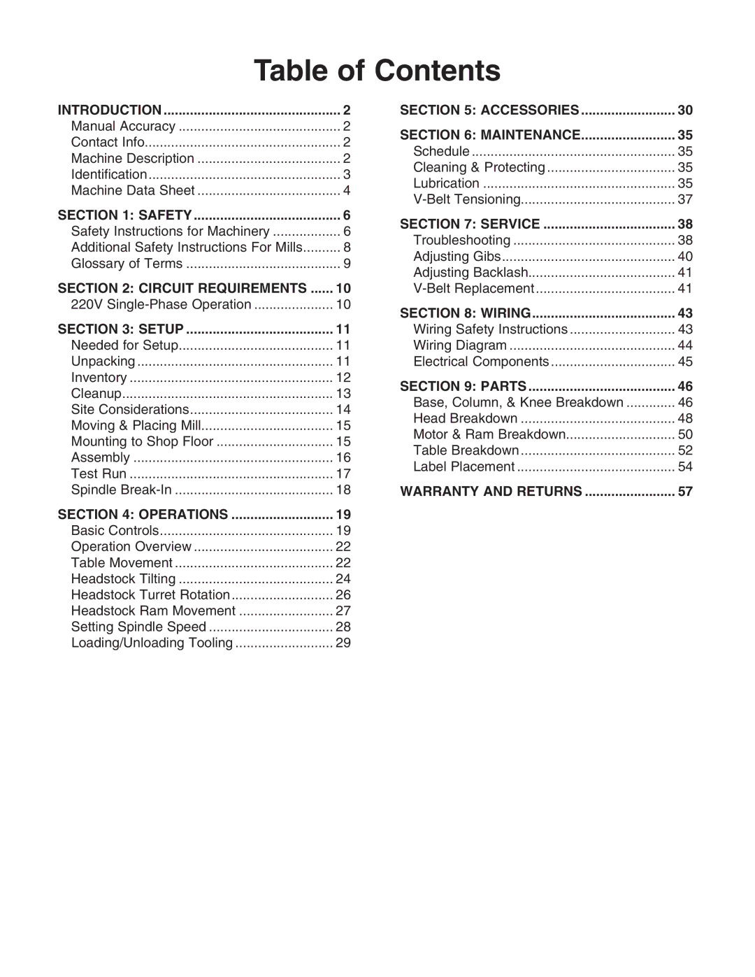 Grizzly G0695 owner manual Table of Contents 