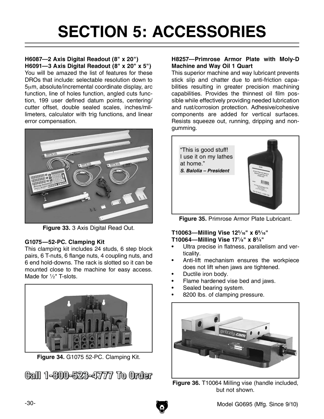 Grizzly G0695 owner manual Accessories, G1075-52-PC. Clamping Kit 