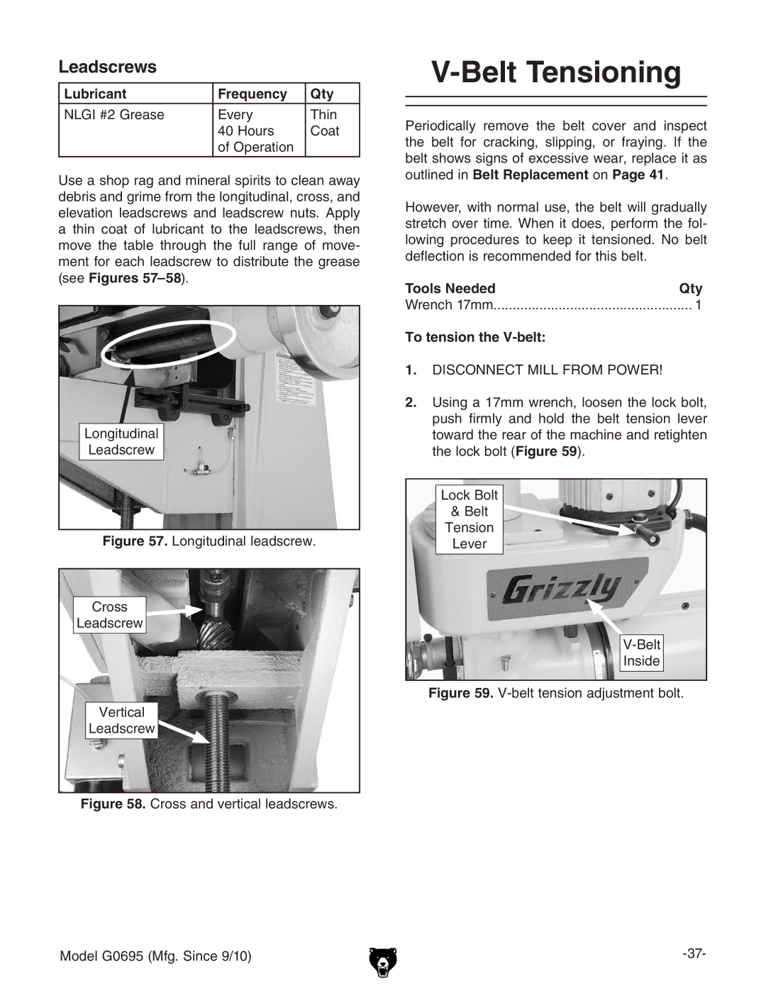 Grizzly G0695 owner manual Belt Tensioning, Leadscrews, To tension the V-belt 