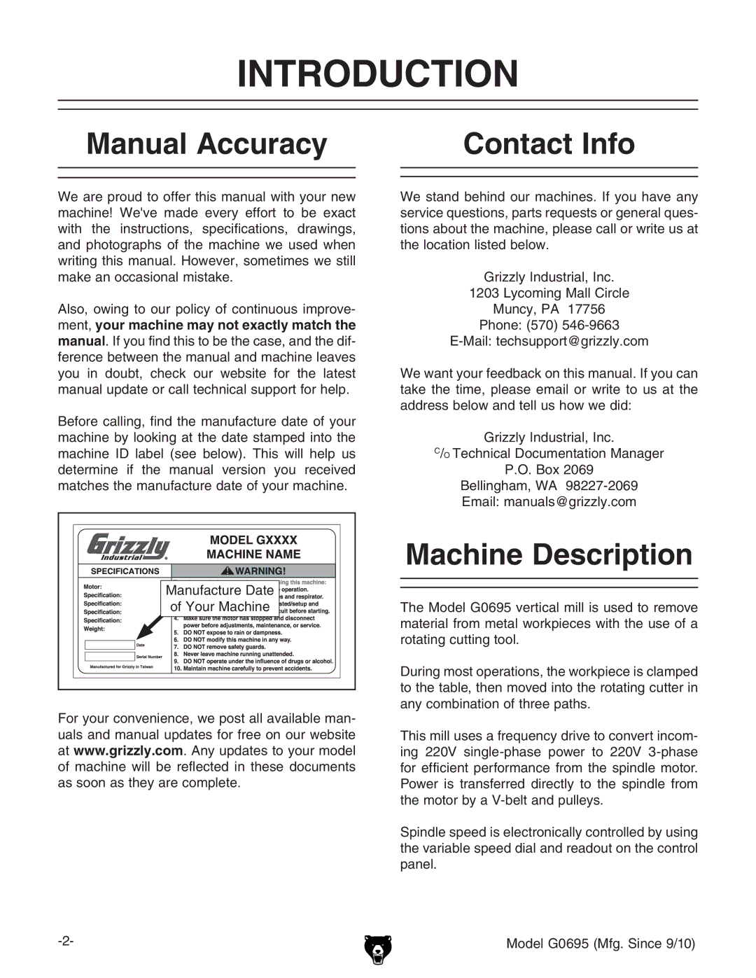 Grizzly G0695 owner manual Introduction, Manual Accuracy, Contact Info, Machine Description 