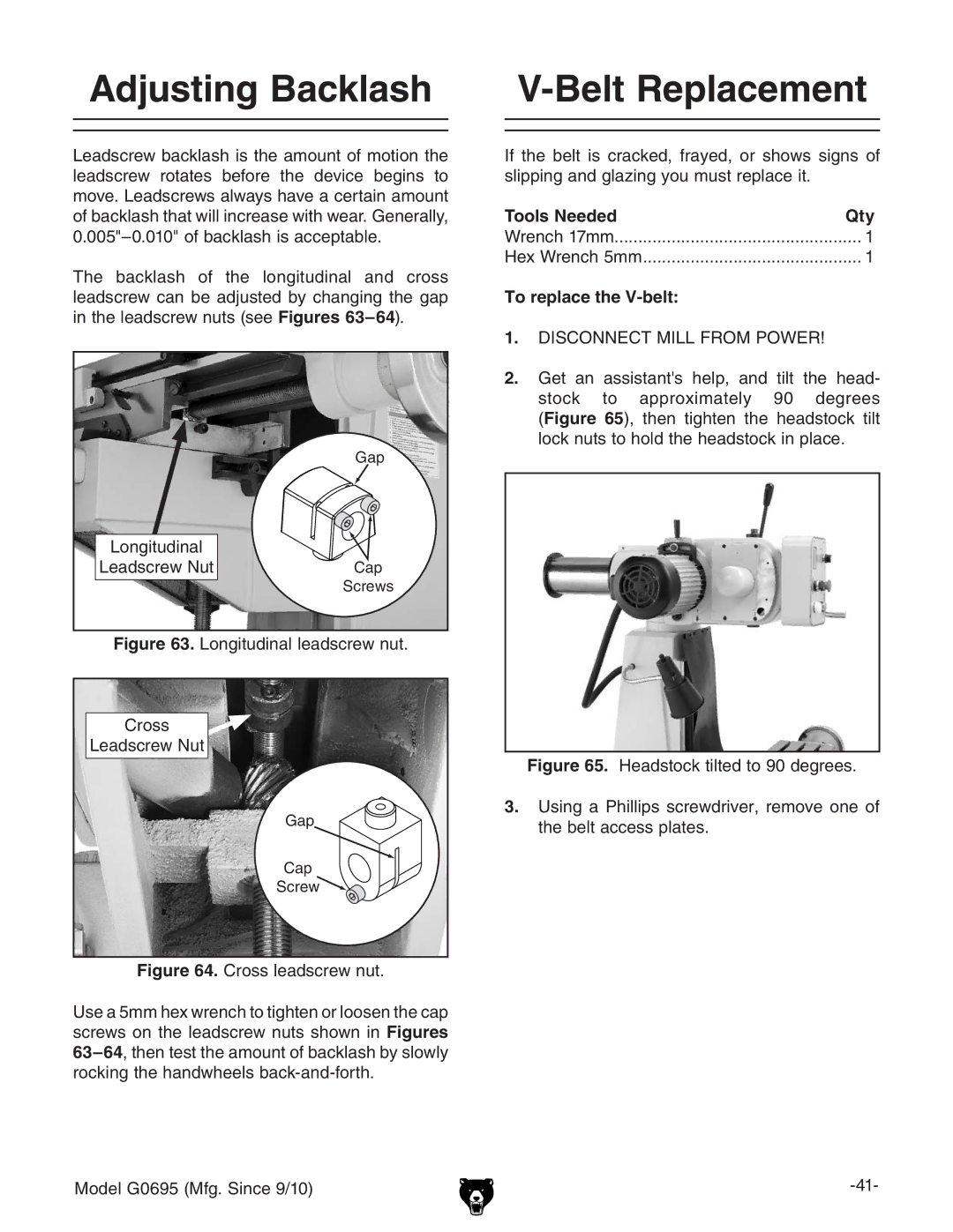 Grizzly G0695 owner manual Adjusting Backlash Belt Replacement, To replace the V-belt 