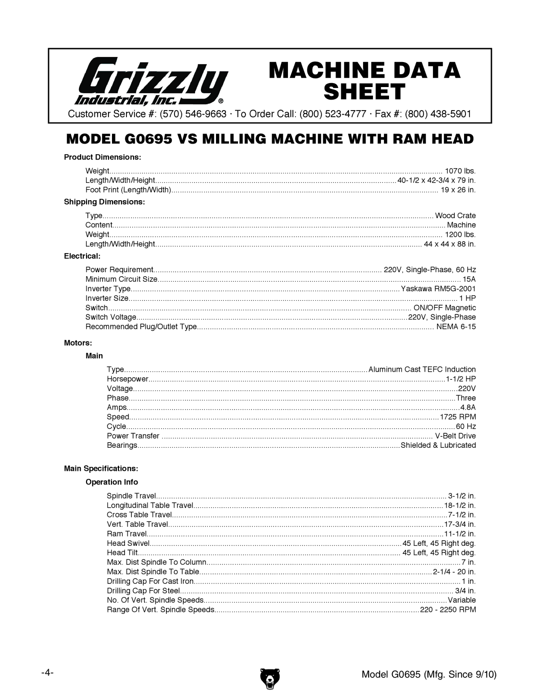 Grizzly G0695 owner manual Machine Data Sheet 