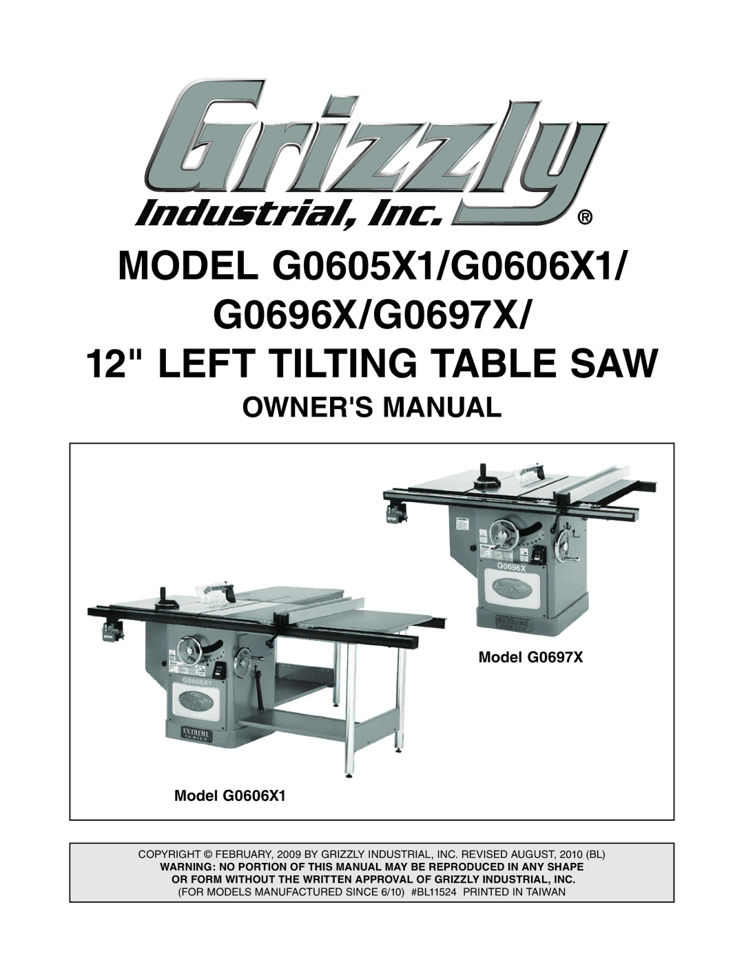 Grizzly G0697X, G0696X, G0606X1, G0605X1 owner manual Left Tilting Table SAW 