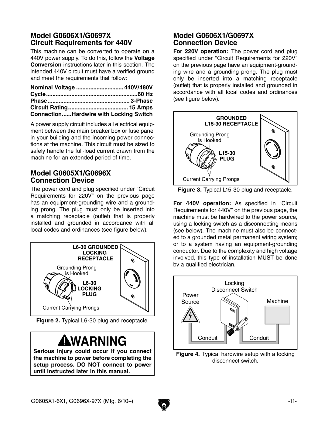 Grizzly owner manual Model G0605X1/G0696X Connection Device, Model G0606X1/G0697X Connection Device, 440V/480V 