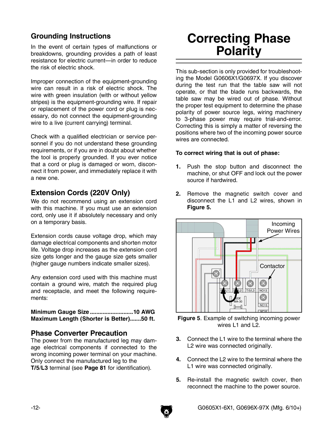 Grizzly G0606X1 Correcting Phase Polarity, Grounding Instructions, Extension Cords 220V Only, Phase Converter Precaution 