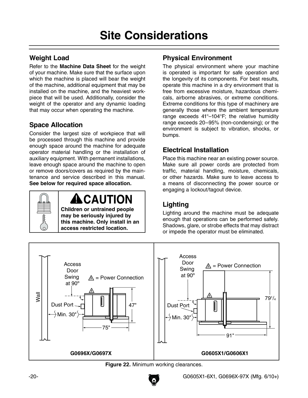 Grizzly G0606X1, G0696X, G0697X, G0605X1 owner manual Site Considerations 