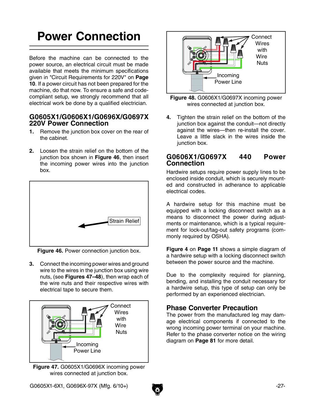 Grizzly owner manual G0605X1/G0606X1/G0696X/G0697X 220V Power Connection, G0606X1/G0697X 440 Power Connection 