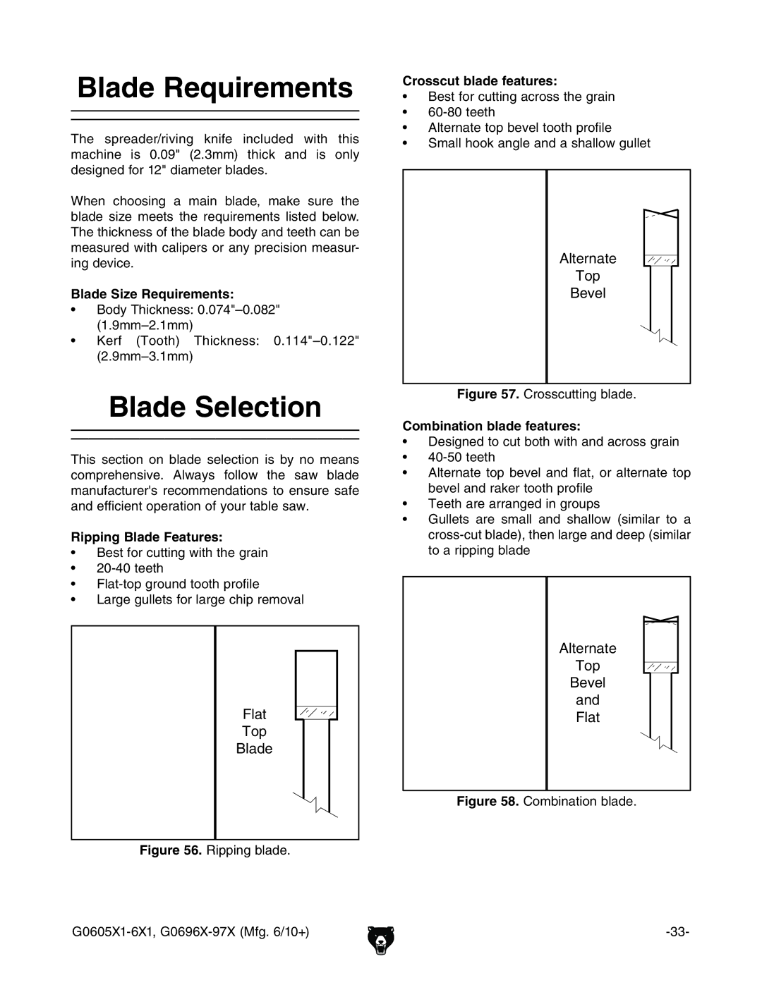 Grizzly G0605X1, G0696X, G0697X, G0606X1 owner manual Blade Requirements, Blade Selection 