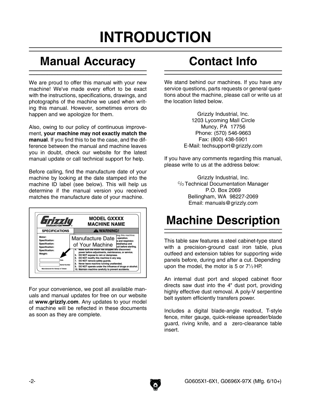 Grizzly G0696X, G0697X, G0606X1, G0605X1 Introduction, Manual Accuracy, Contact Info, Machine Description, NdjgBVXcZ 