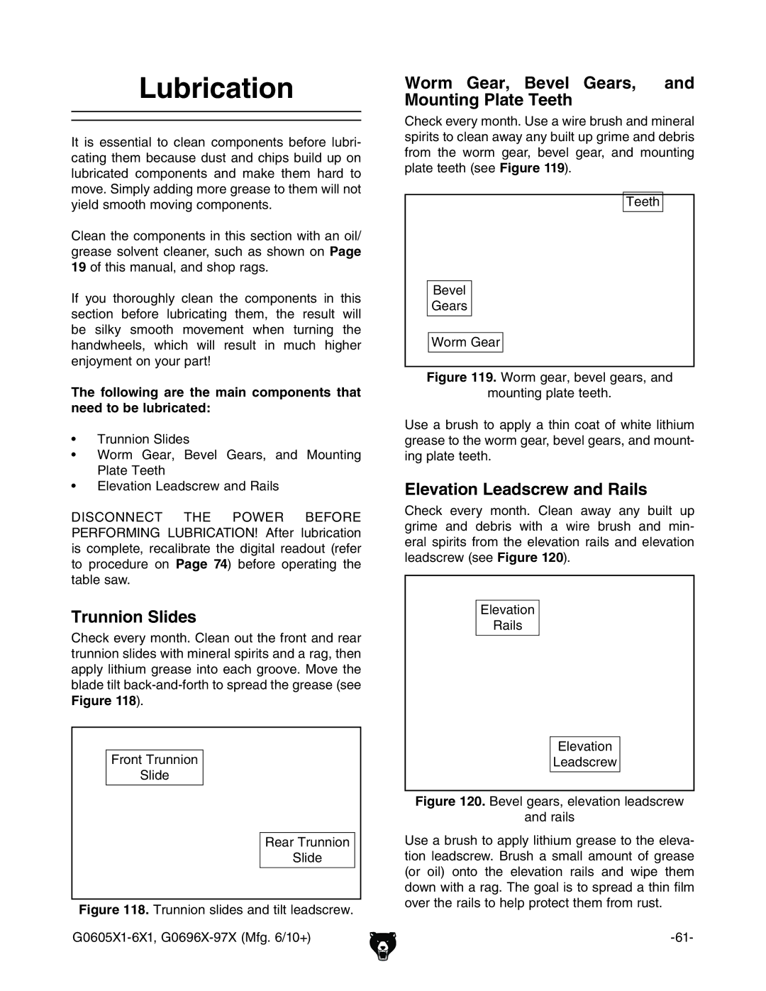 Grizzly G0605X1, G0696X, G0697X, G0606X1 Lubrication, Trunnion Slides, Worm Gear, Bevel Gears, and Mounting Plate Teeth 