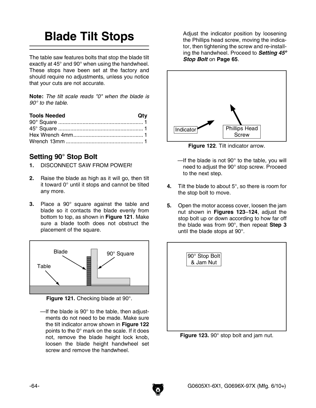 Grizzly G0606X1, G0696X, G0697X, G0605X1 owner manual Blade Tilt Stops, Setting 90 Stop Bolt 