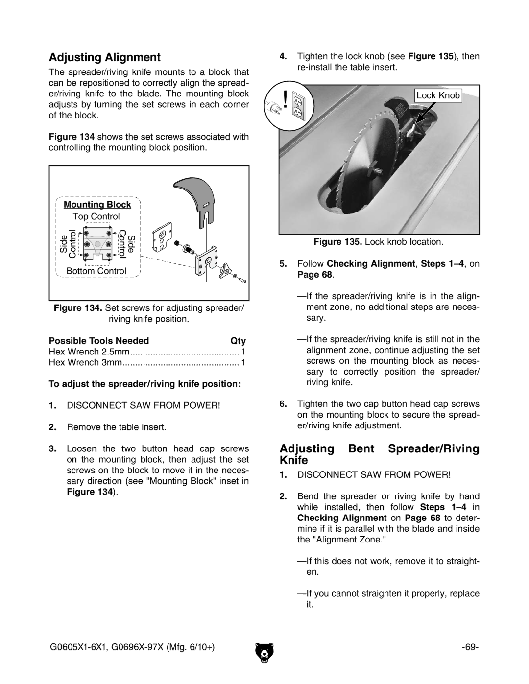 Grizzly G0605X1, G0696X, G0697X Adjusting Alignment, Adjusting Bent Spreader/Riving Knife, Possible Tools Needed Qty 