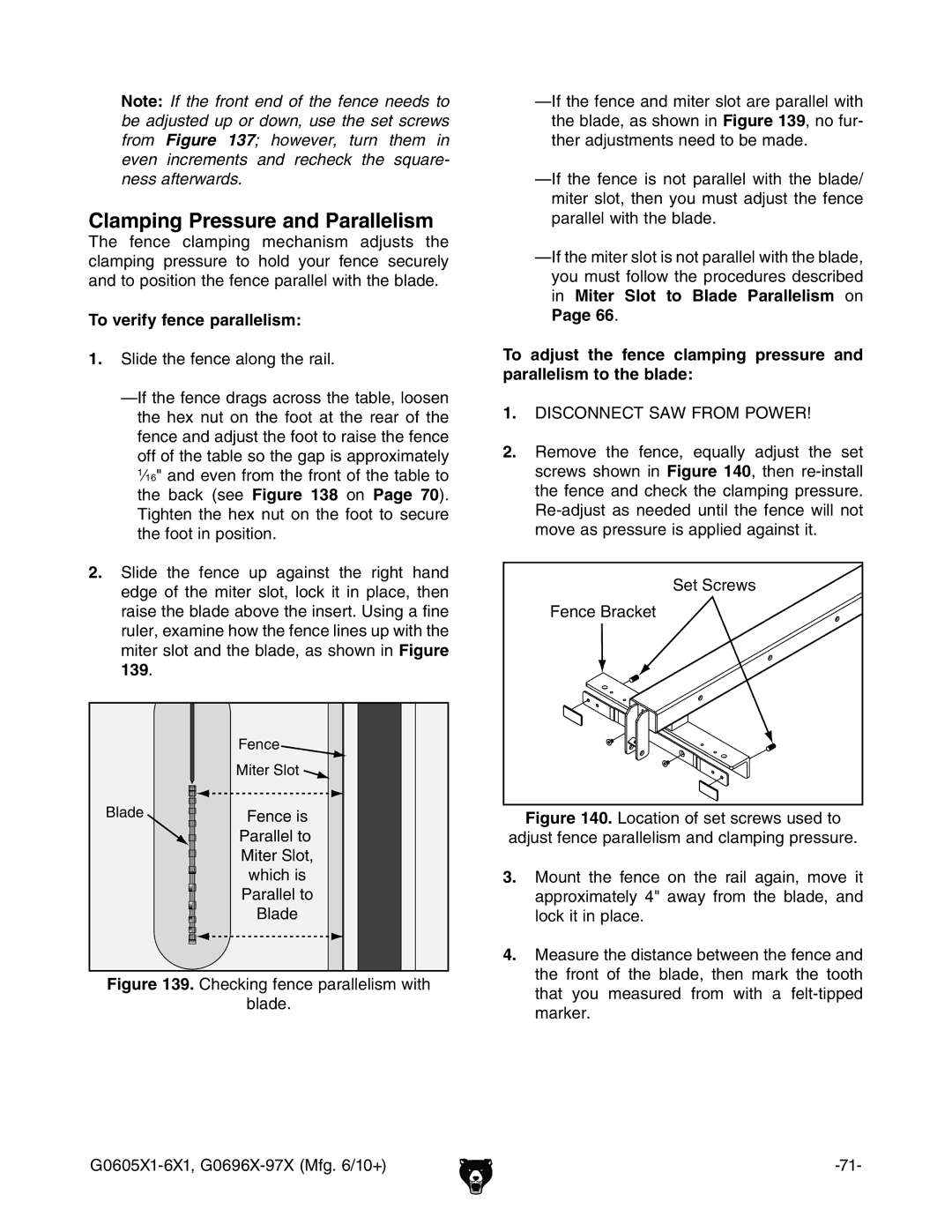 Grizzly G0697X, G0696X, G0606X1, G0605X1 owner manual Clamping Pressure and Parallelism, To verify fence parallelism 