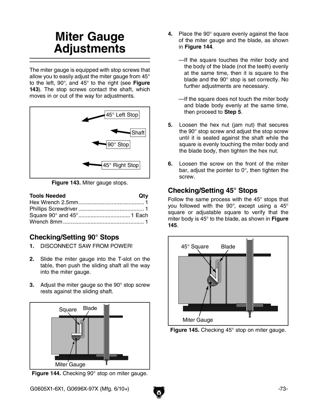 Grizzly G0605X1, G0696X, G0697X Miter Gauge Adjustments, Checking/Setting 90 Stops, Checking/Setting 45 Stops, BiZgVj\Z 