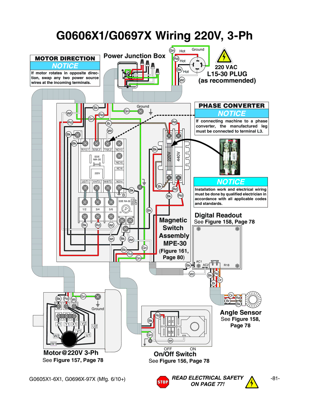 Grizzly G0605X1, G0696X owner manual G0606X1/G0697X Wiring 220V, 3-Ph, HZZ , HZZ , Page 