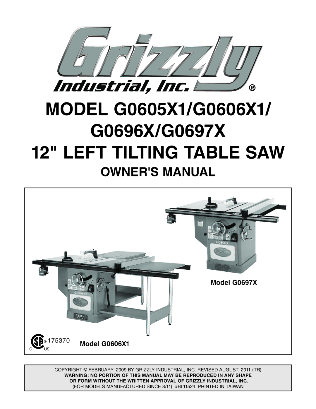 Grizzly G0697X, G0696X, G0606X1, G0605X1 owner manual Left Tilting Table SAW 