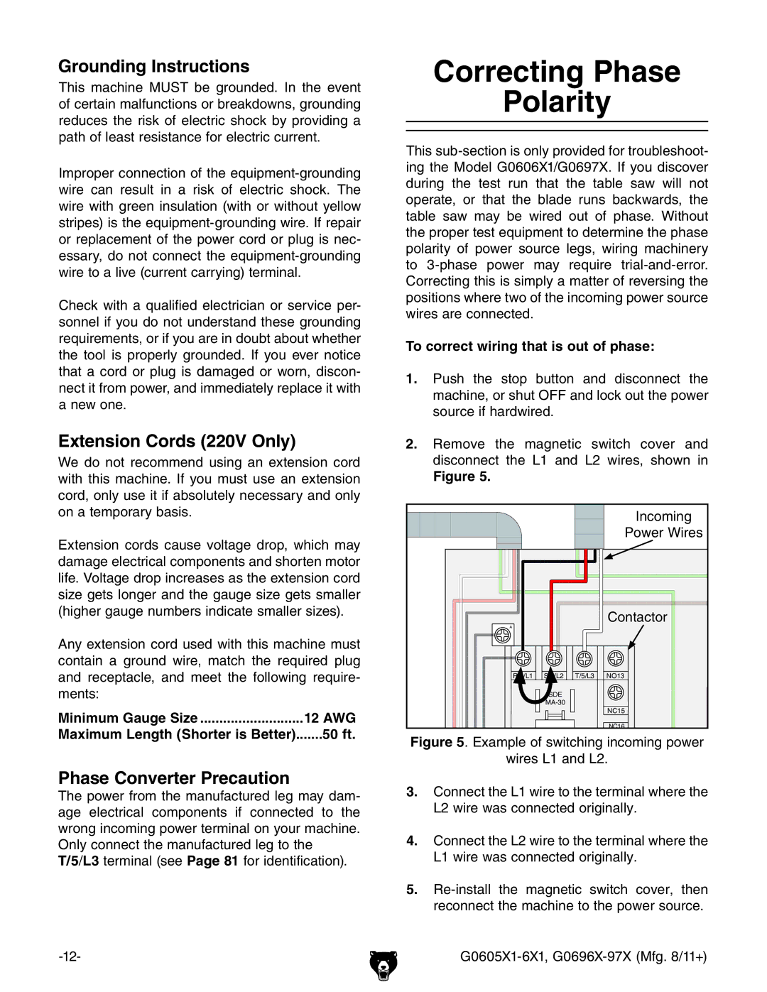 Grizzly G0697X Correcting Phase Polarity, Grounding Instructions, Extension Cords 220V Only, Phase Converter Precaution 