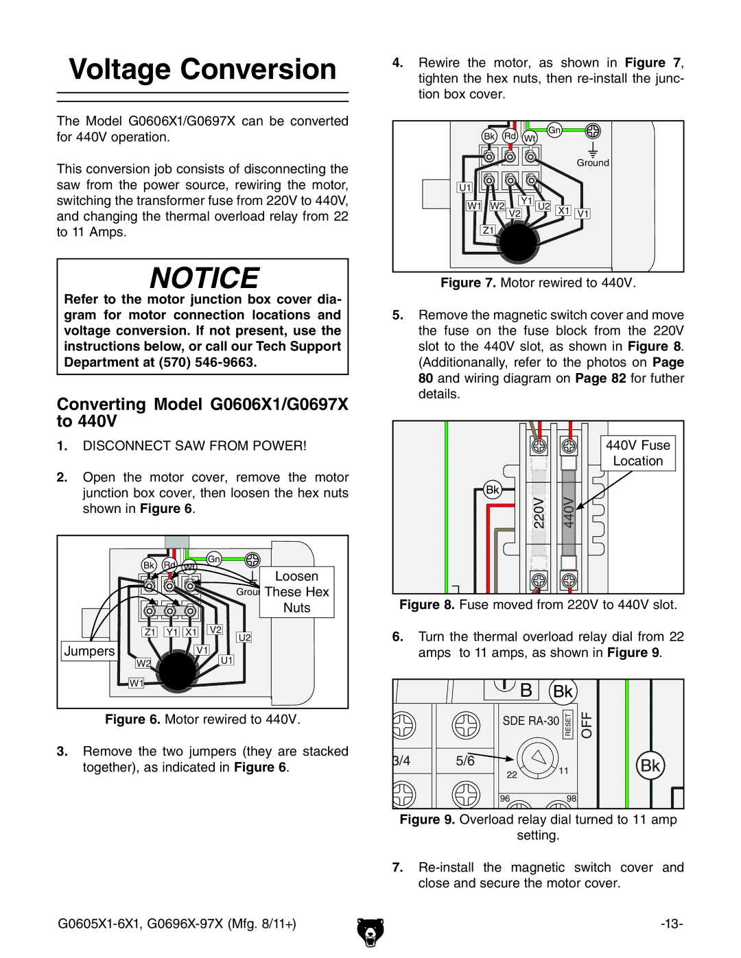 Grizzly G1023SL owner manual Voltage Conversion, Converting Model G0606X1/G0697X to 