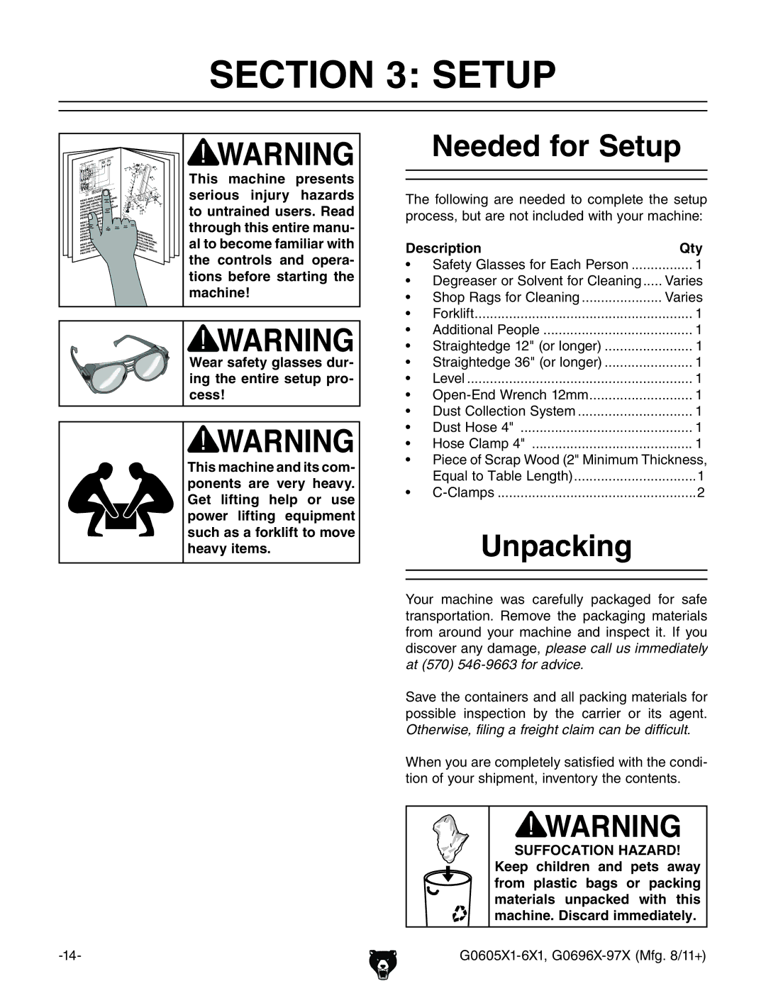 Grizzly G0697X, G1023SL owner manual Needed for Setup, Unpacking, Description Qty 