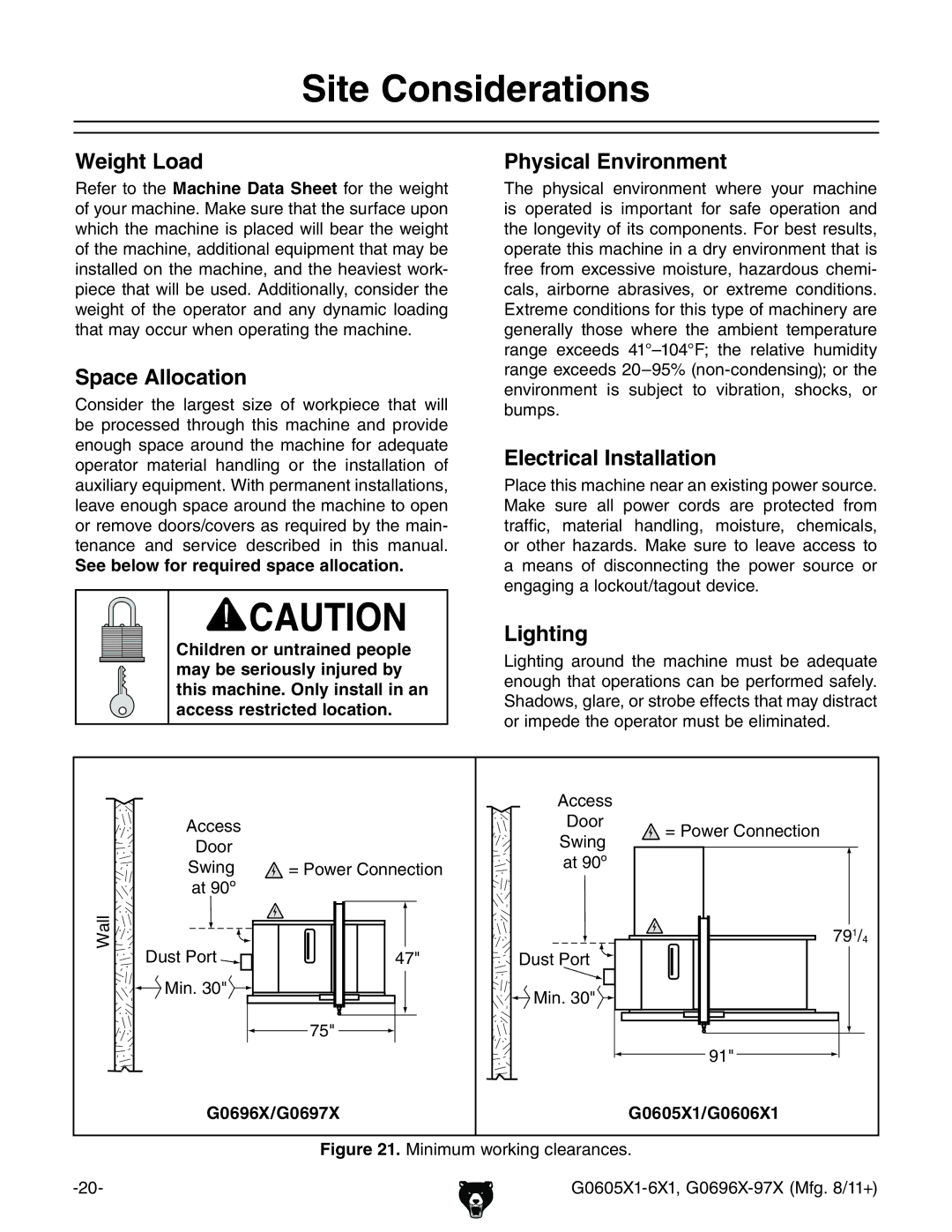 Grizzly G0697X, G1023SL owner manual Site Considerations 