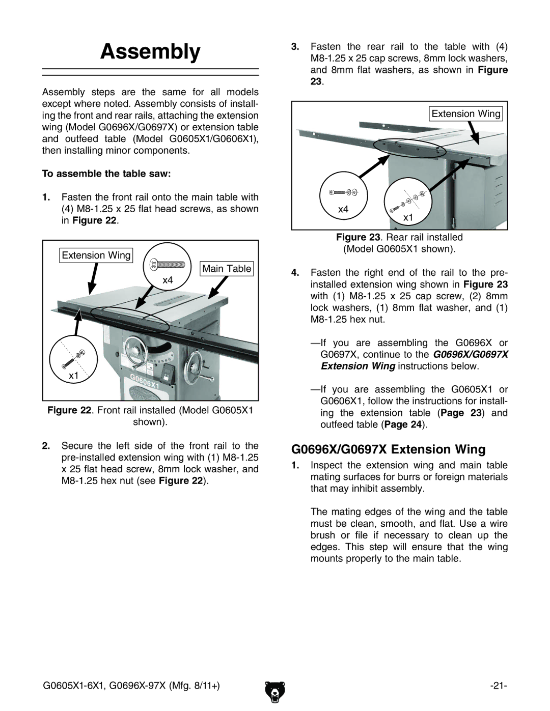 Grizzly G1023SL owner manual Assembly, G0696X/G0697X Extension Wing, To assemble the table saw 