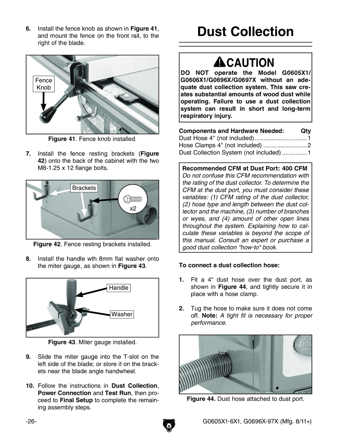 Grizzly G0697X, G1023SL owner manual Dust Collection, ZcXZ @cdW, 7gVX`Zih, =VcYaZ LVhZg, To connect a dust collection hose 