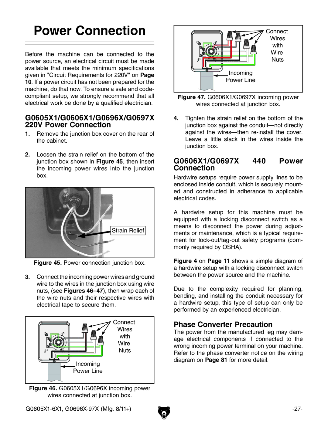 Grizzly G1023SL owner manual G0605X1/G0606X1/G0696X/G0697X 220V Power Connection, G0606X1/G0697X 440 Power Connection 