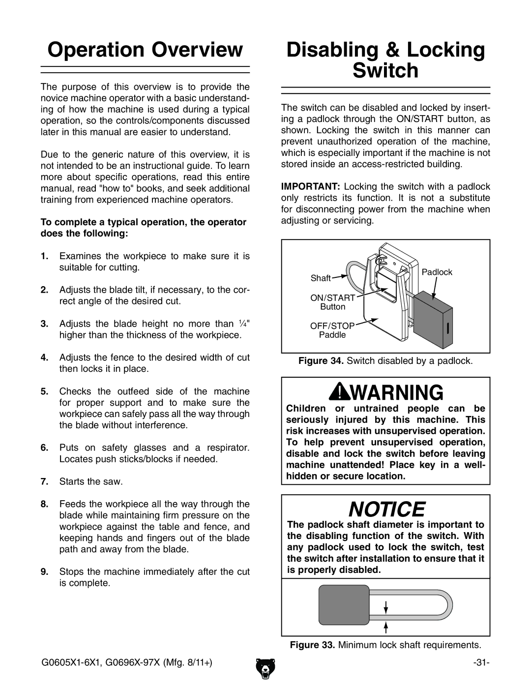 Grizzly G1023SL, G0697X owner manual Operation Overview, Disabling & Locking Switch,  HiVgihiZhVl# 