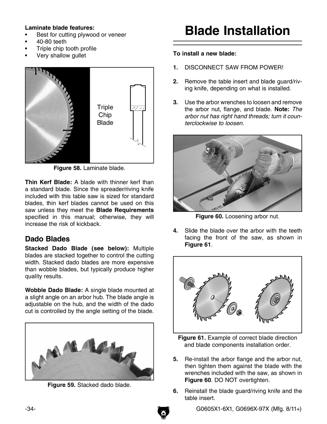 Grizzly G0697X, G1023SL owner manual Blade Installation, Dado Blades, Laminate blade features, To install a new blade 