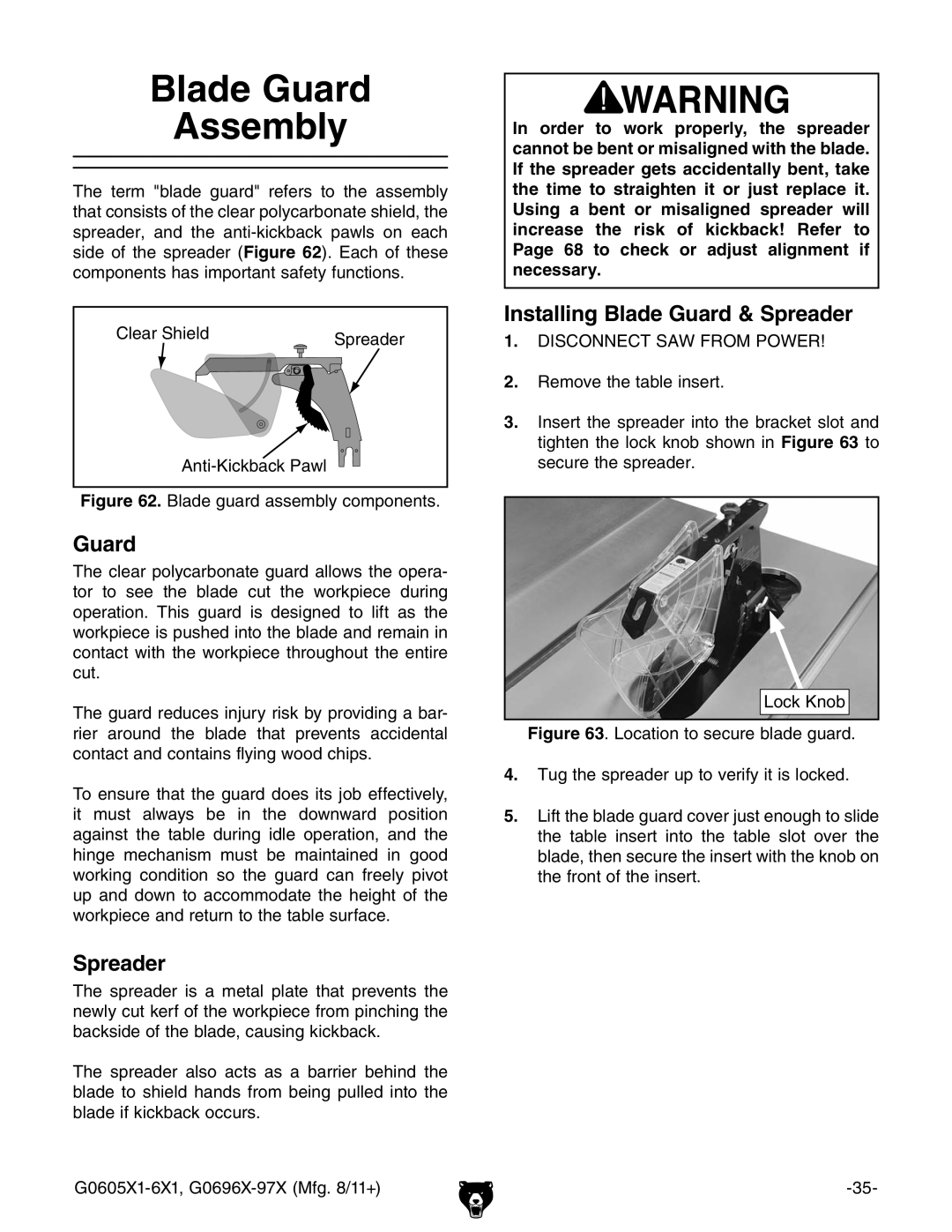 Grizzly G1023SL, G0697X owner manual Blade Guard Assembly, Installing Blade Guard & Spreader 