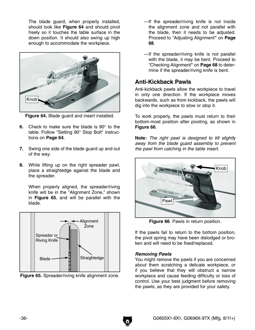 Grizzly G0697X, G1023SL owner manual Anti-Kickback Pawls, @cdW, 6a\cbZci, OdcZ, HegZVYZgdg Gkc\@cZ 7aVYZ HigV\iZY\Z 