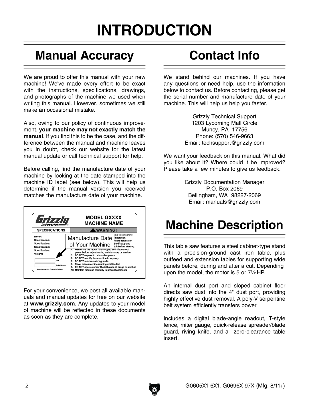 Grizzly G0697X, G1023SL owner manual Introduction, Manual Accuracy Contact Info, Machine Description, NdjgBVXcZ 