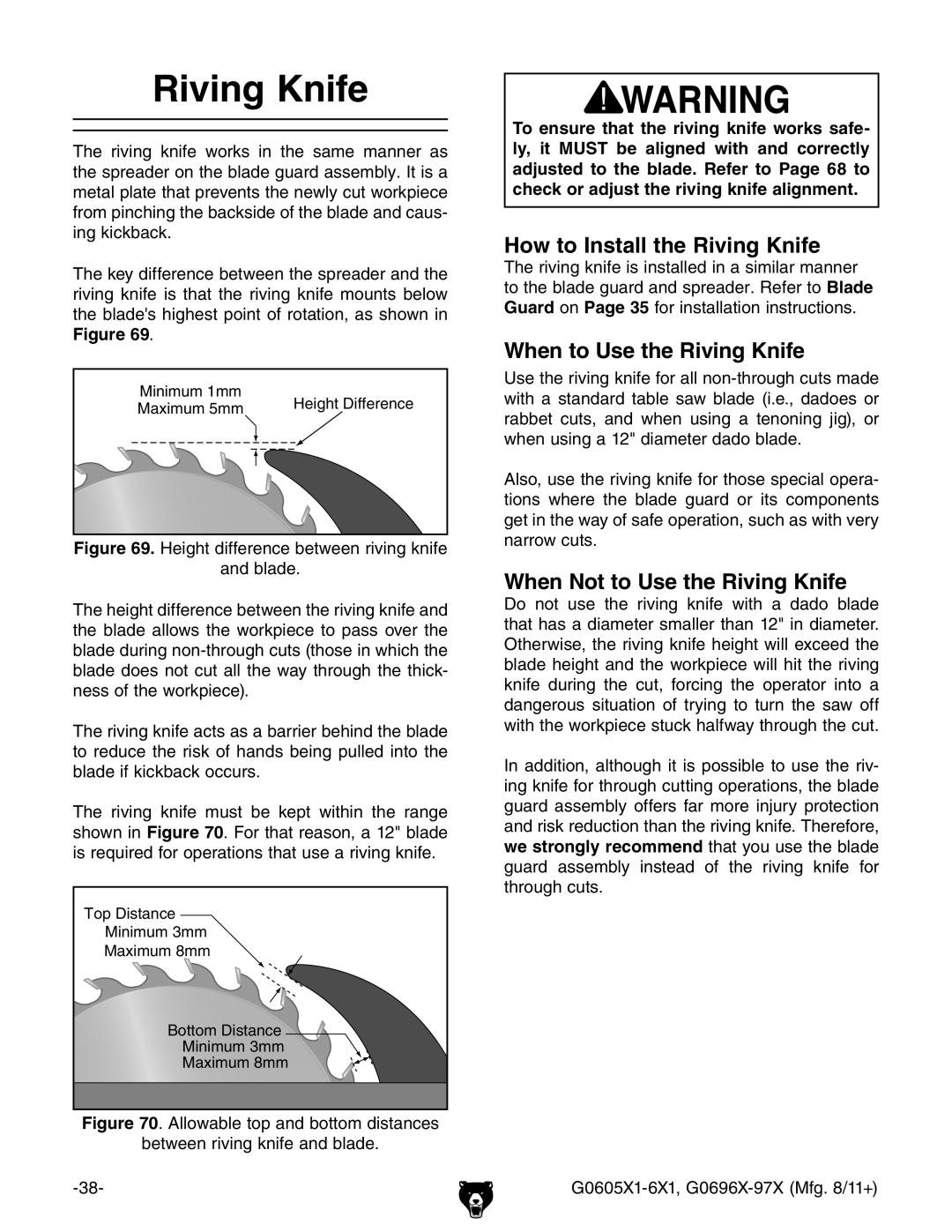 Grizzly G0697X How to Install the Riving Knife, When to Use the Riving Knife, When Not to Use the Riving Knife 