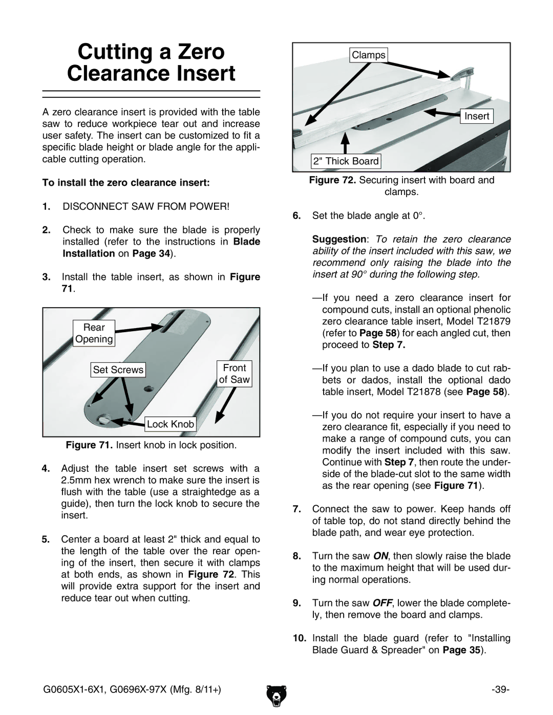 Grizzly G1023SL, G0697X owner manual Cutting a Zero Clearance Insert, To install the zero clearance insert 