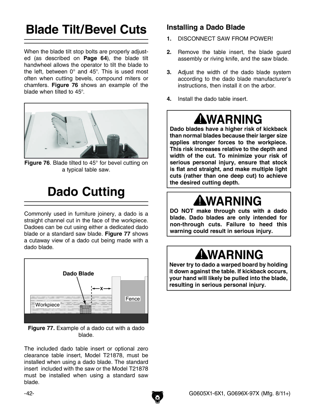 Grizzly G0697X Blade Tilt/Bevel Cuts, Dado Cutting, Installing a Dado Blade,  chiVaaiZYVYdiVWaZchZgi#, Ldg`eZXZ ZcXZ 