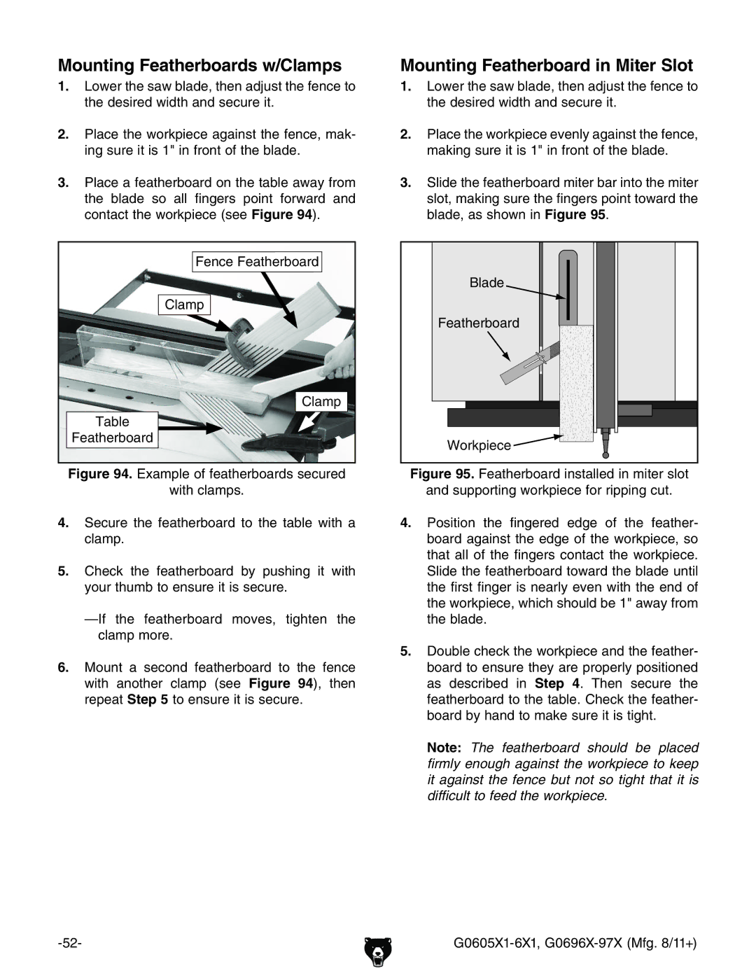 Grizzly G0697X, G1023SL owner manual Mounting Featherboards w/Clamps, Mounting Featherboard in Miter Slot 