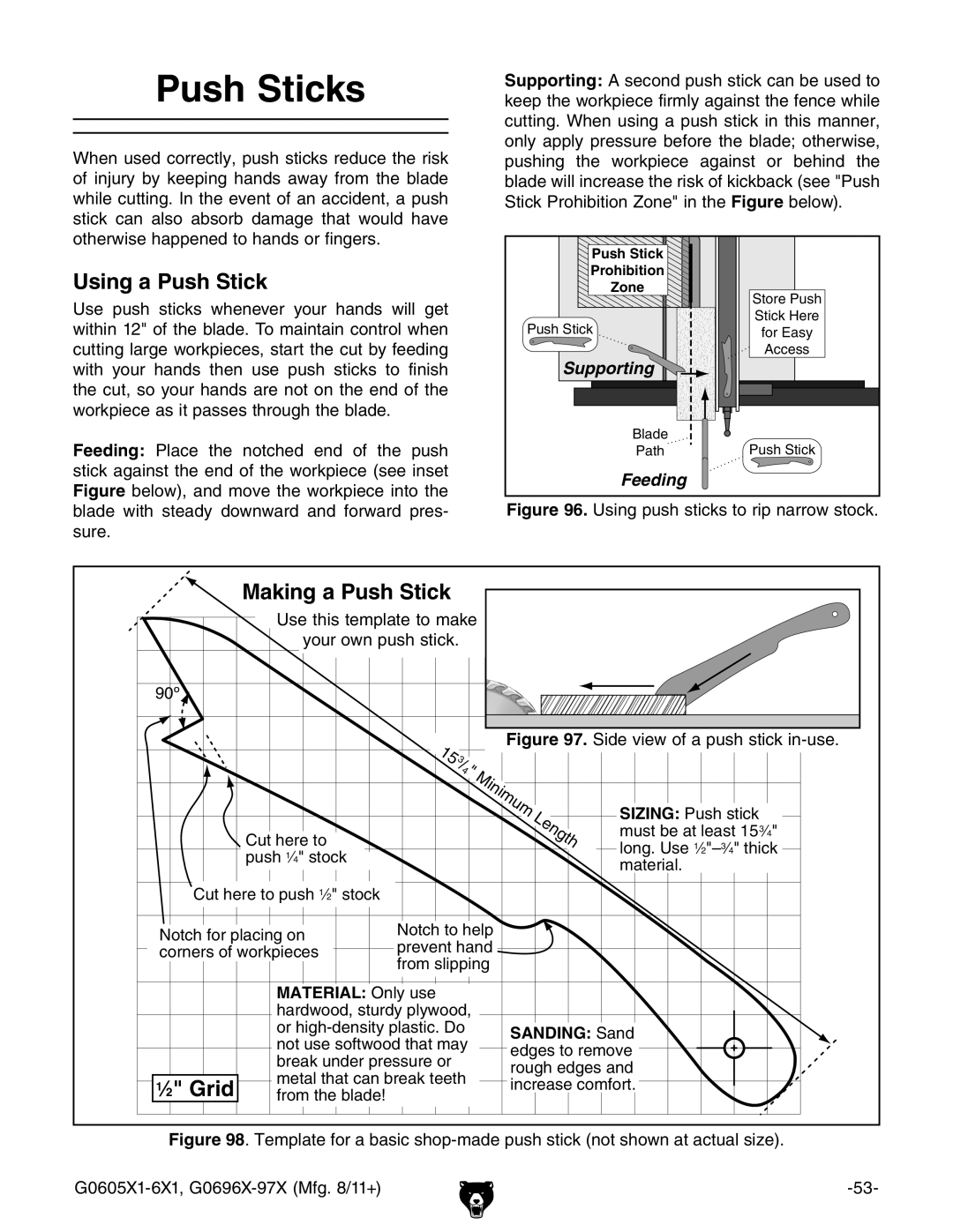 Grizzly G1023SL, G0697X owner manual Push Sticks, Using a Push Stick, ⁄2 Grid 