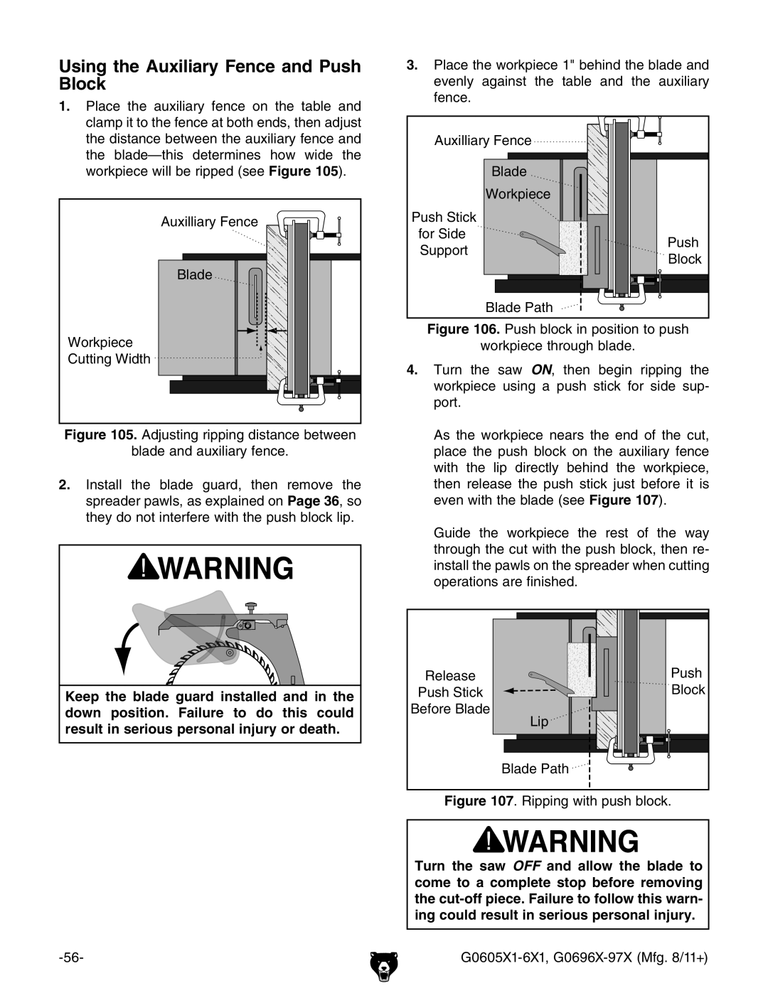 Grizzly G0697X, G1023SL owner manual Using the Auxiliary Fence and Push Block 