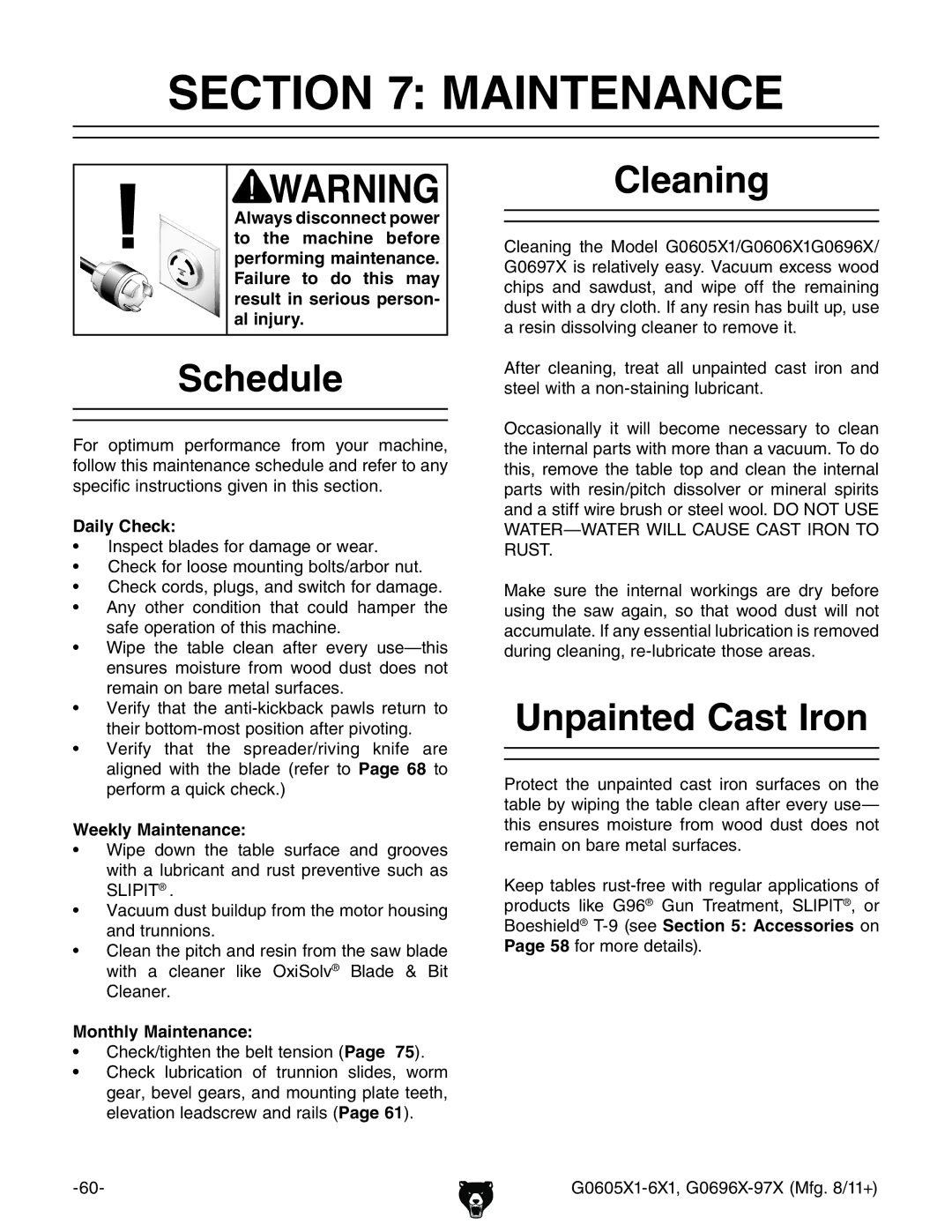 Grizzly G0697X, G1023SL owner manual Maintenance, Schedule, Cleaning, Unpainted Cast Iron 