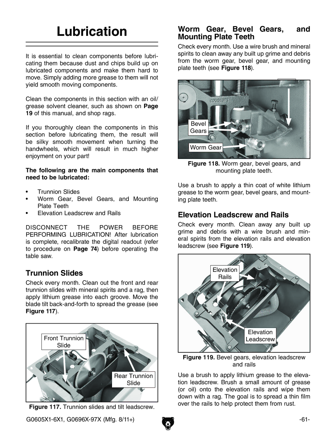 Grizzly G1023SL, G0697X owner manual Lubrication, Trunnion Slides, Worm Gear, Bevel Gears, and Mounting Plate Teeth 