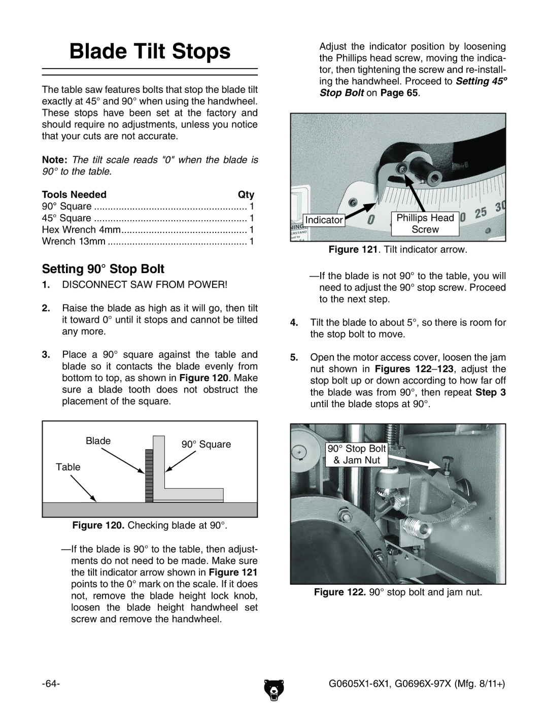 Grizzly G0697X, G1023SL owner manual Blade Tilt Stops, Setting 90 Stop Bolt 