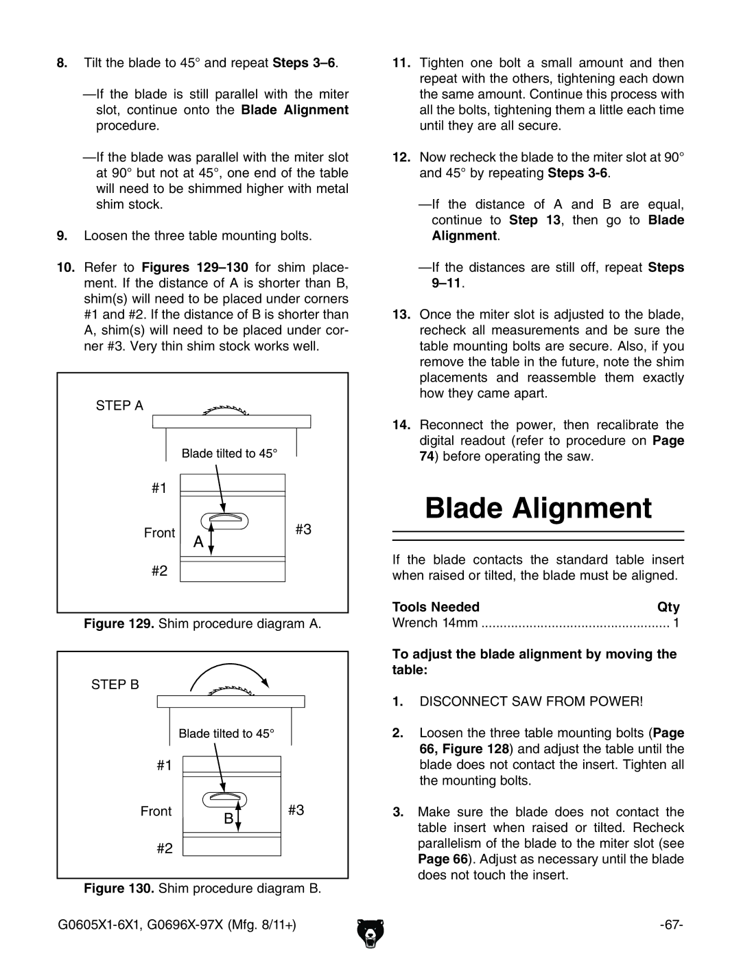 Grizzly G1023SL, G0697X owner manual Blade Alignment, AddhZciZigZZiVWaZbdjcic\Wdaih#, HIE6 Gdci, Gdci 